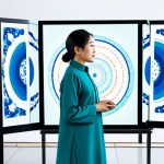 A professional Vietnamese woman, aged 30s, wearing a modest and elegantly tailored traditional áo dài in a vibrant yet refined color, stands confidently in a brightly lit, contemporary digital art studio. She is looking at a large, illuminated screen displaying intricate AI-generated artwork, symbolizing the convergence of traditional culture and modern technology. Her pose is natural, conveying contemplation and engagement with the digital world. The studio features sleek, minimalist furniture and subtle tech accents. Perfect anatomy, correct proportions, natural pose, well-formed hands, proper finger count. Professional photography, high quality, sharp focus, natural light. Safe for work, appropriate content, fully clothed, professional dress, modest clothing.