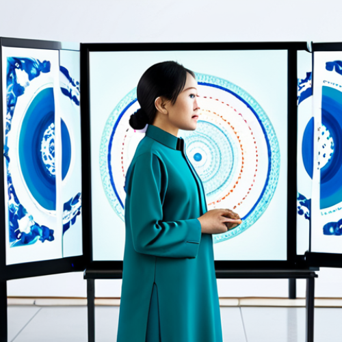 A professional Vietnamese woman, aged 30s, wearing a modest and elegantly tailored traditional áo dài in a vibrant yet refined color, stands confidently in a brightly lit, contemporary digital art studio. She is looking at a large, illuminated screen displaying intricate AI-generated artwork, symbolizing the convergence of traditional culture and modern technology. Her pose is natural, conveying contemplation and engagement with the digital world. The studio features sleek, minimalist furniture and subtle tech accents. Perfect anatomy, correct proportions, natural pose, well-formed hands, proper finger count. Professional photography, high quality, sharp focus, natural light. Safe for work, appropriate content, fully clothed, professional dress, modest clothing.