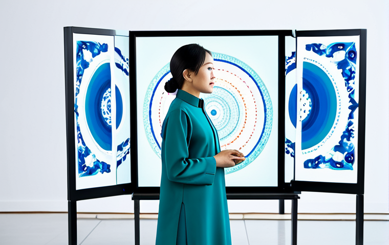 A professional Vietnamese woman, aged 30s, wearing a modest and elegantly tailored traditional áo dài in a vibrant yet refined color, stands confidently in a brightly lit, contemporary digital art studio. She is looking at a large, illuminated screen displaying intricate AI-generated artwork, symbolizing the convergence of traditional culture and modern technology. Her pose is natural, conveying contemplation and engagement with the digital world. The studio features sleek, minimalist furniture and subtle tech accents. Perfect anatomy, correct proportions, natural pose, well-formed hands, proper finger count. Professional photography, high quality, sharp focus, natural light. Safe for work, appropriate content, fully clothed, professional dress, modest clothing.