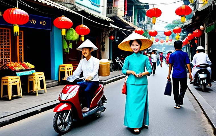 ** A vibrant, bustling scene in Hanoi's Old Quarter. Focus on a street filled with colorful lanterns, food stalls selling *pho* and *banh mi*, and people wearing *ao dai* and conical hats (*non la*). Depict a sense of energy and tradition.  Use keywords: "Hanoi street scene, Vietnam, Old Quarter, lanterns, food, ao dai, non la, vibrant colors, bustling, daytime, safe for work, appropriate content, fully clothed, professional."

**