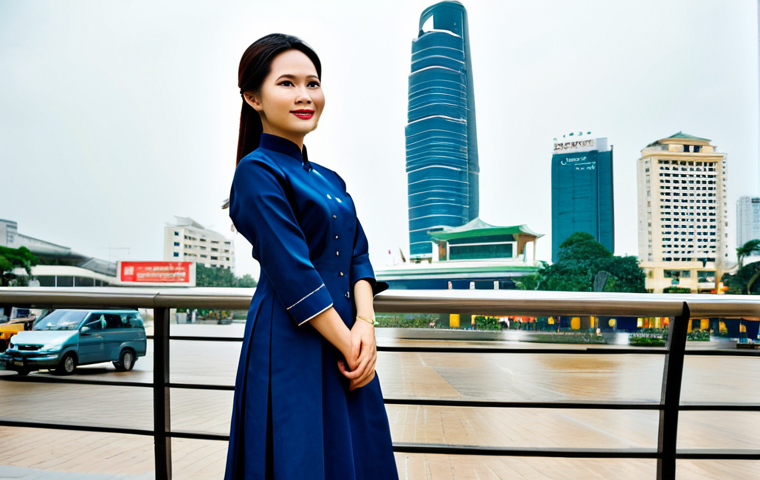 Professional Businesswoman in Ho Chi Minh City**

"A professional businesswoman, fully clothed in a tailored Ao Dai (Vietnamese traditional dress) in dark blue, standing confidently in front of the Bitexco Financial Tower in Ho Chi Minh City, Vietnam. She has a friendly and approachable demeanor. The image showcases natural lighting and a modern, clean background. Safe for work, appropriate content, professional, modest clothing, perfect anatomy, natural pose, high quality."

**