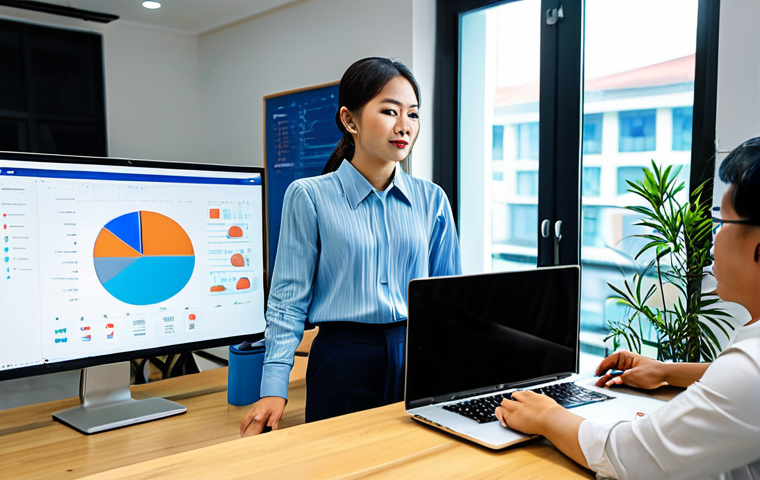 AI 화풍 스타일 - **Subject:** A Vietnamese marketing professional giving a presentation. **Clothing:** Smart casual a...