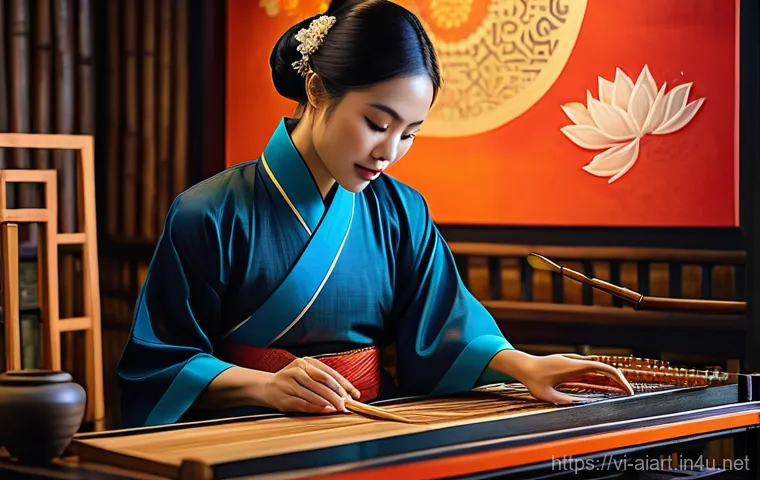 AI 예술과 인간 협업 - **Prompt:** A young Vietnamese female artist, casually dressed, is seated at a minimalist, modern de...