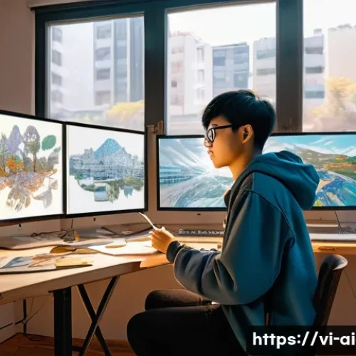 AI 예술과 만화 스타일 변환 - A vibrant digital artwork of a young Vietnamese artist in a cozy urban studio, wearing casual clothe...
