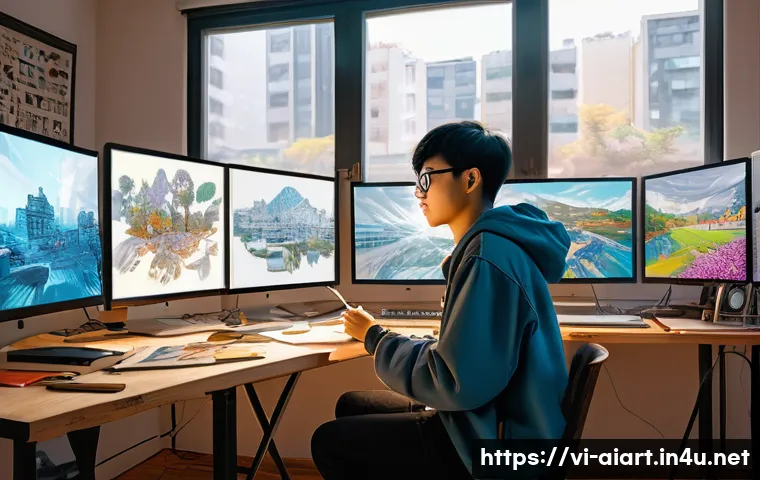 AI 예술과 만화 스타일 변환 - A vibrant digital artwork of a young Vietnamese artist in a cozy urban studio, wearing casual clothe...