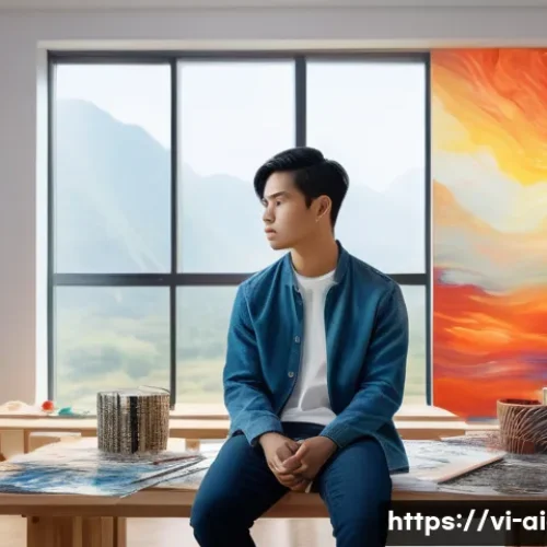 AI 예술과 감성적 색채 - A digital artwork depicting a thoughtful young Vietnamese artist in a modern studio, wearing casual ...