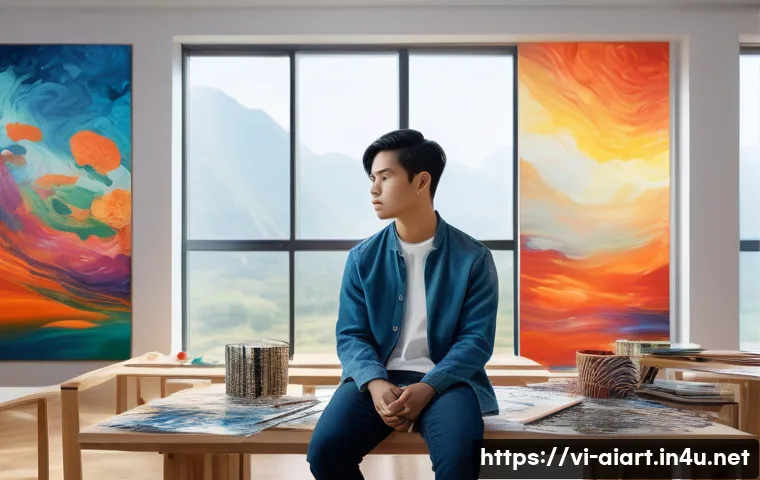 AI 예술과 감성적 색채 - A digital artwork depicting a thoughtful young Vietnamese artist in a modern studio, wearing casual ...