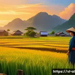 Home 21 AI 예술과 머신러닝 - A serene digital painting of a Vietnamese countryside at sunset, blending traditional oil painting s...