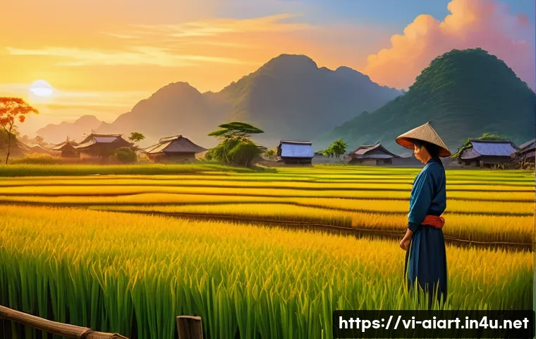 AI 예술과 머신러닝 - A serene digital painting of a Vietnamese countryside at sunset, blending traditional oil painting s...