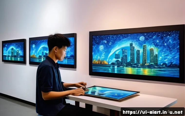 AI 예술과 AI 드로잉 - A futuristic digital artist's studio in Ho Chi Minh City, Vietnam, showcasing a young Vietnamese art...