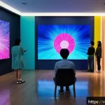 Home 19 AI 예술과 패턴 인식 - A futuristic Vietnamese digital art gallery interior showcasing AI-generated abstract paintings with...