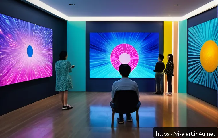 AI 예술과 패턴 인식 - A futuristic Vietnamese digital art gallery interior showcasing AI-generated abstract paintings with...