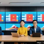 Home 17 AI 예술과 브랜드 아이덴티티 - A modern Vietnamese marketing team in a sleek office, collaborating with AI-powered digital screens ...