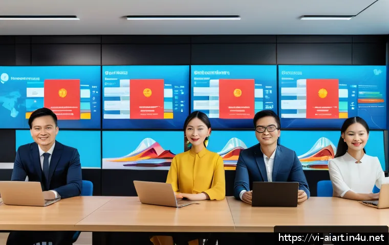 AI 예술과 브랜드 아이덴티티 - A modern Vietnamese marketing team in a sleek office, collaborating with AI-powered digital screens ...